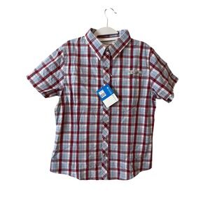 Columbia YOUTH Plaid Short Sleeve Button Up Shirt Red Blue White Size L